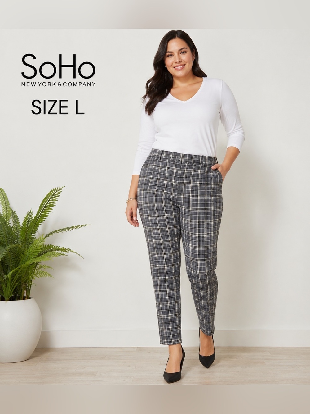 SOHO Apparel Ltd Gray Plaid Slim Ankle Career Pants  Stretch Office Work/L